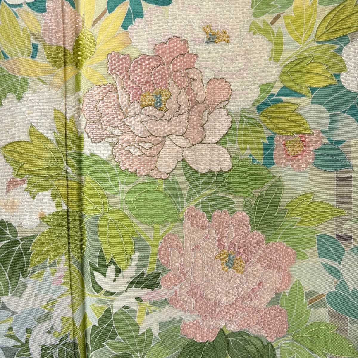 訪問服 身長160cm 袖長66.5cm M 雙層 落款有 牡丹 椿刺繡 金絲 淺綠 純蠶絲 逸品級