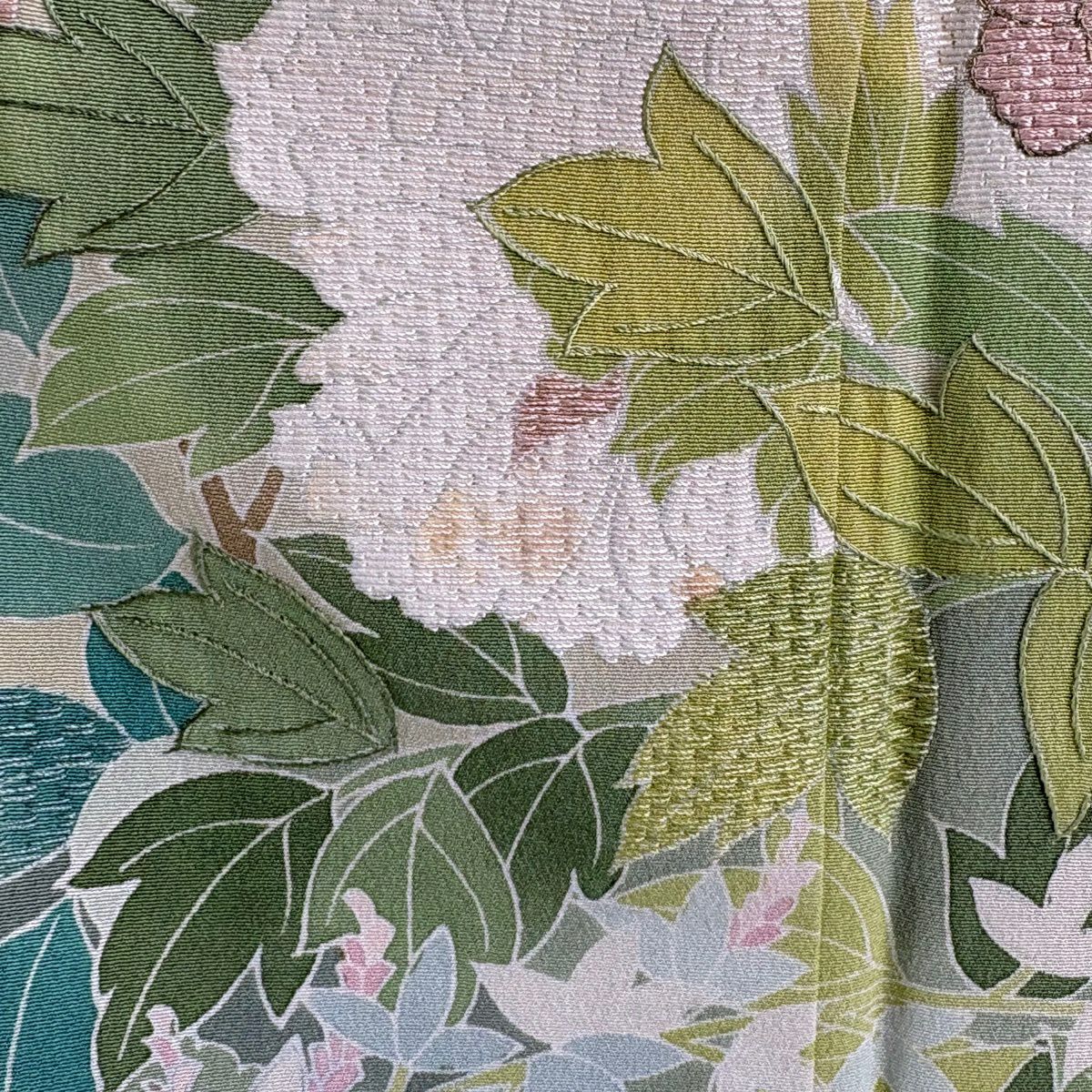 訪問服 身長160cm 袖長66.5cm M 雙層 落款有 牡丹 椿刺繡 金絲 淺綠 純蠶絲 逸品級