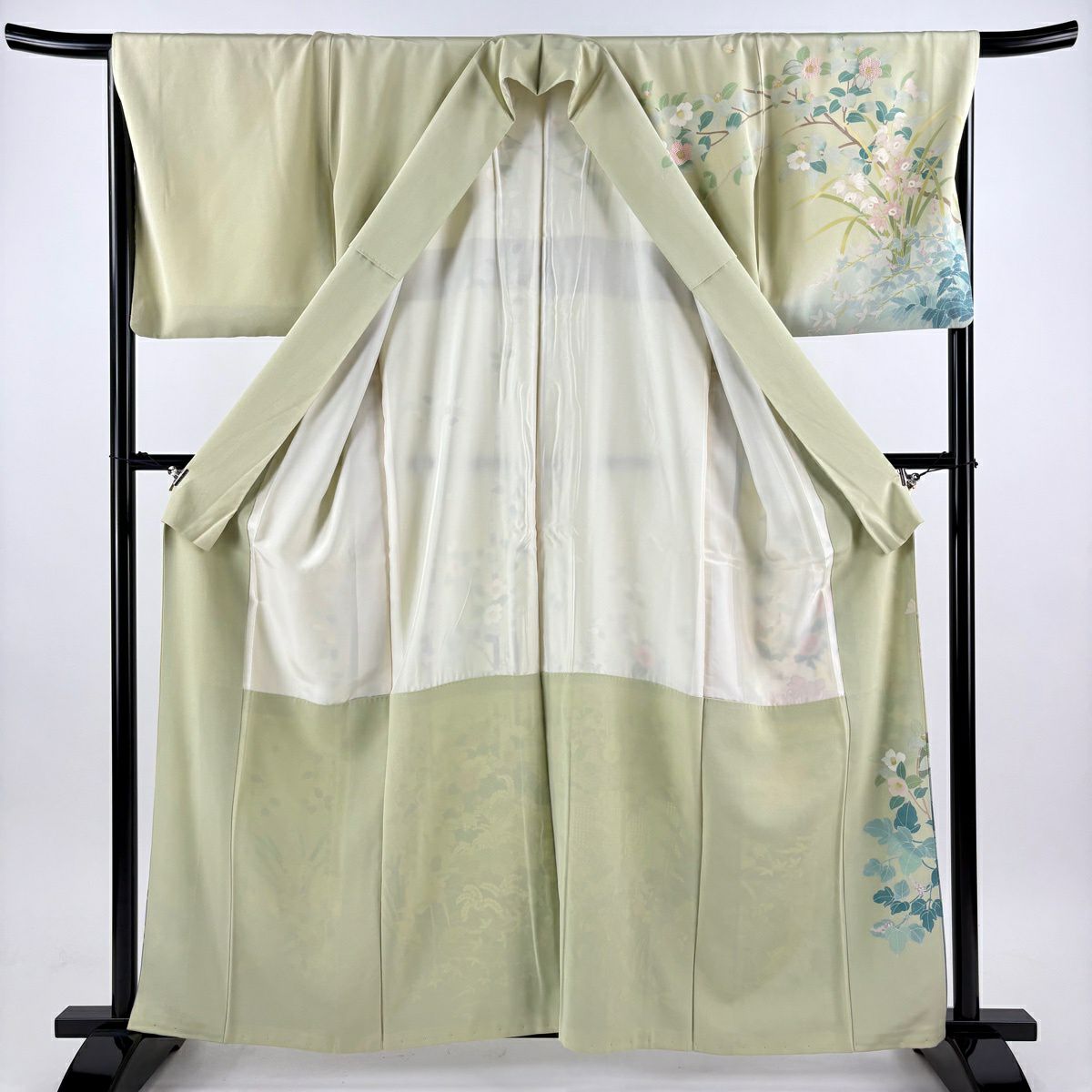 訪問服 身長160cm 袖長66.5cm M 雙層 落款有 牡丹 椿刺繡 金絲 淺綠 純蠶絲 逸品級