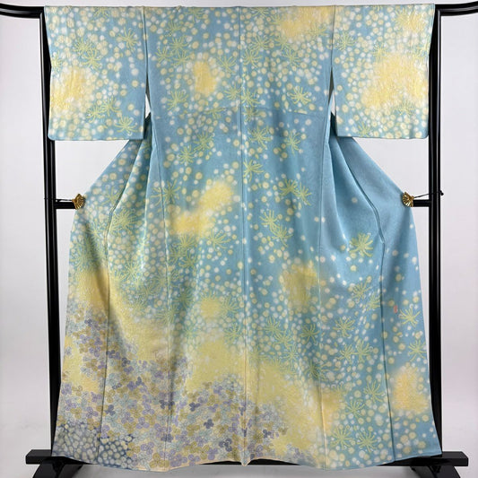 訪問服 身長156.5cm 袖長65.5cm M 雙層 附有落款 白三葉草 絞染 漸層 水藍色 純蠶絲 逸品級