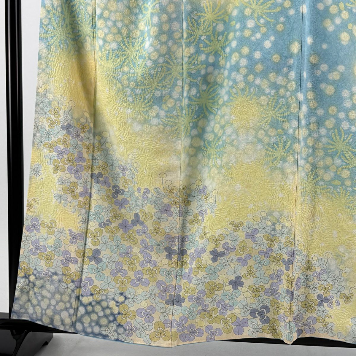 訪問服 身長156.5cm 袖長65.5cm M 雙層 附有落款 白三葉草 絞染 漸層 水藍色 純蠶絲 逸品級