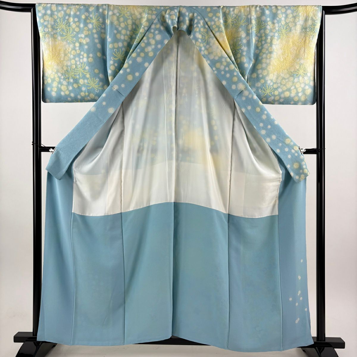 訪問服 身長156.5cm 袖長65.5cm M 雙層 附有落款 白三葉草 絞染 漸層 水藍色 純蠶絲 逸品級