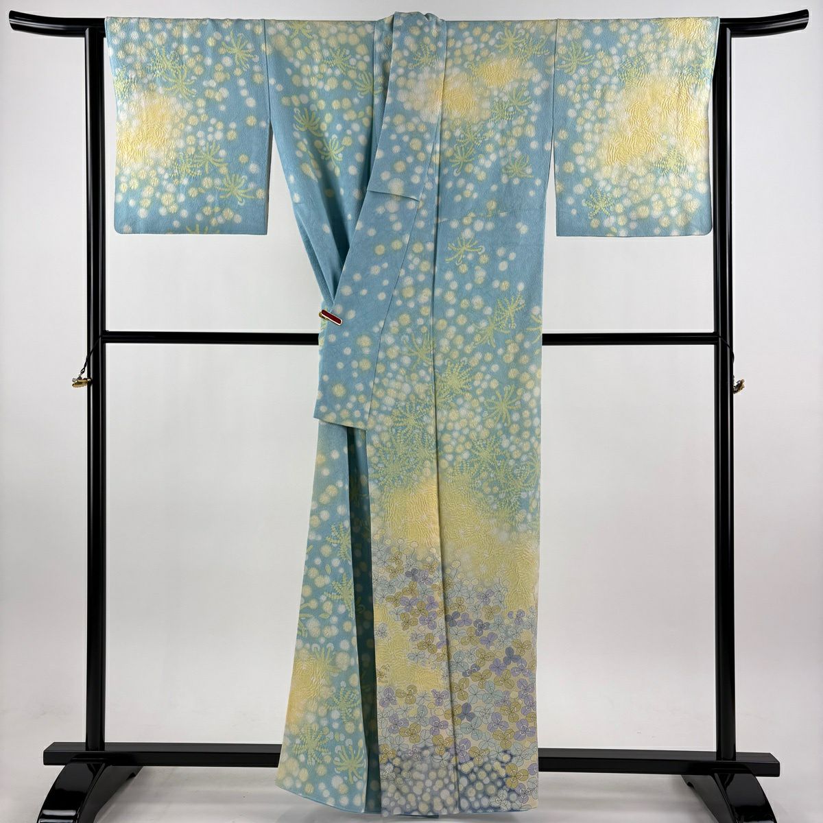 訪問服 身長156.5cm 袖長65.5cm M 雙層 附有落款 白三葉草 絞染 漸層 水藍色 純蠶絲 逸品級