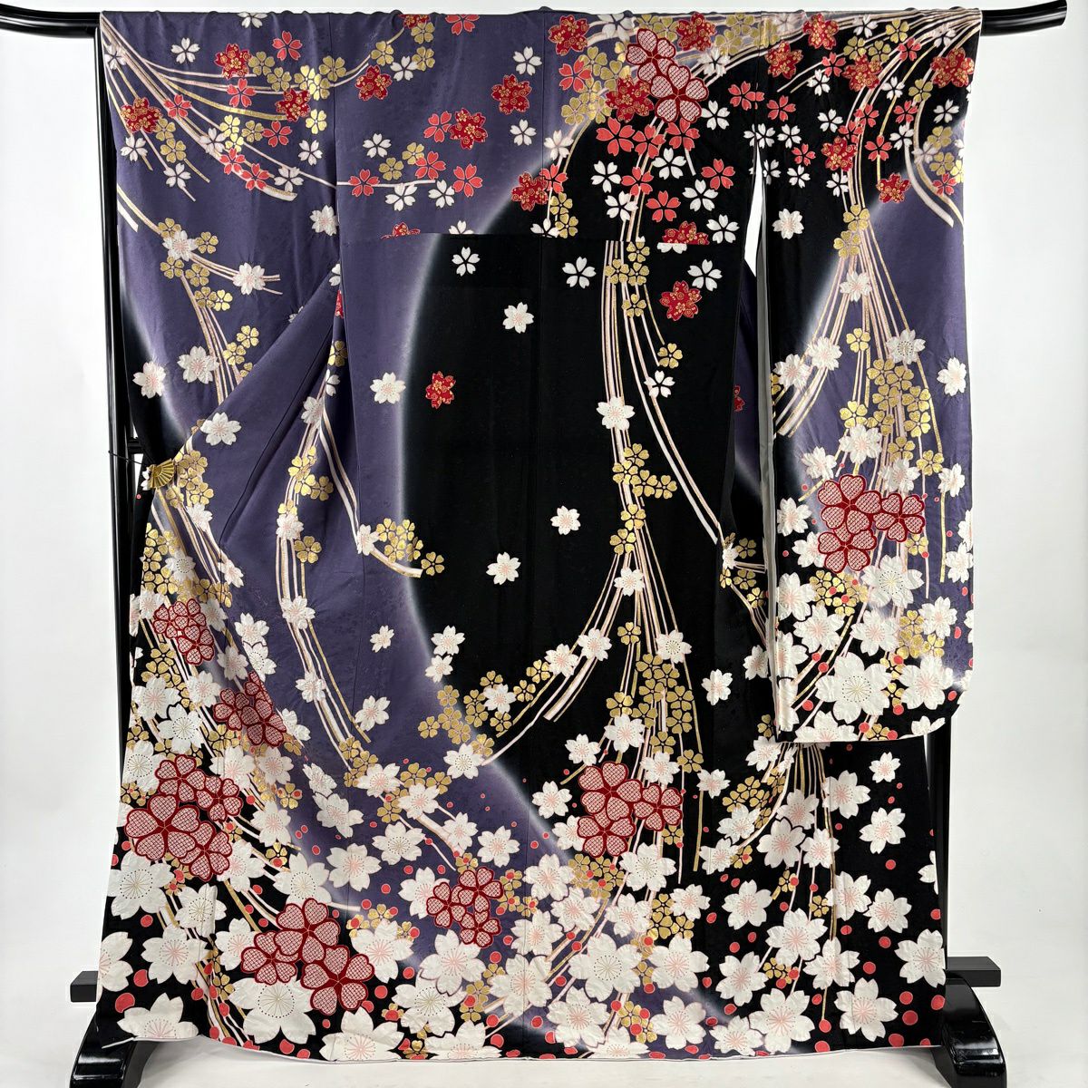 【美品】振袖禮服 身長170cm 袖長69cm L 雙層 櫻花 幾何圖案 銀通 金銀彩 紫 純蠶絲 逸品級