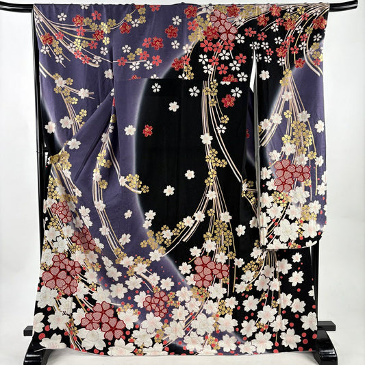【美品】振袖禮服 身長170cm 袖長69cm L 雙層 櫻花 幾何圖案 銀通 金銀彩 紫 純蠶絲 逸品級