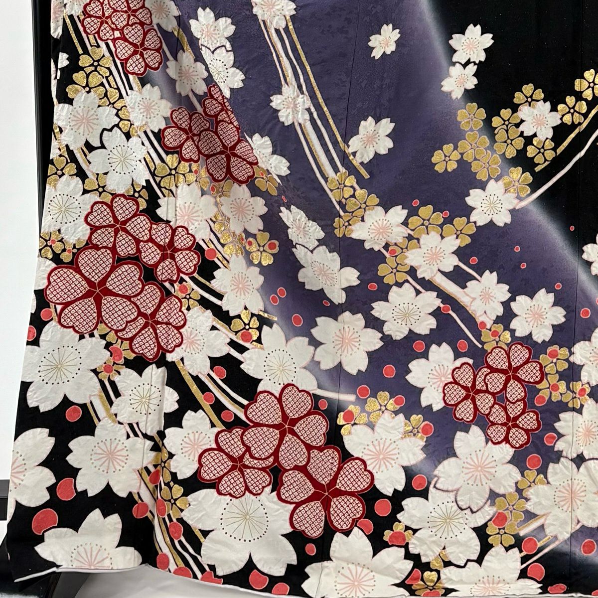【美品】振袖禮服 身長170cm 袖長69cm L 雙層 櫻花 幾何圖案 銀通 金銀彩 紫 純蠶絲 逸品級