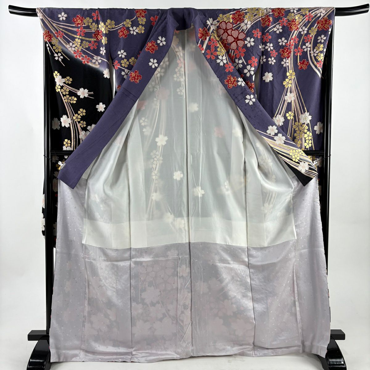 【美品】振袖禮服 身長170cm 袖長69cm L 雙層 櫻花 幾何圖案 銀通 金銀彩 紫 純蠶絲 逸品級