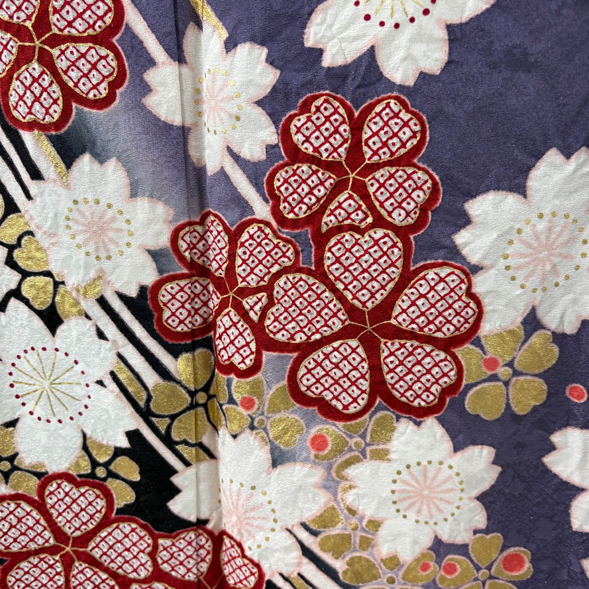 【美品】振袖禮服 身長170cm 袖長69cm L 雙層 櫻花 幾何圖案 銀通 金銀彩 紫 純蠶絲 逸品級