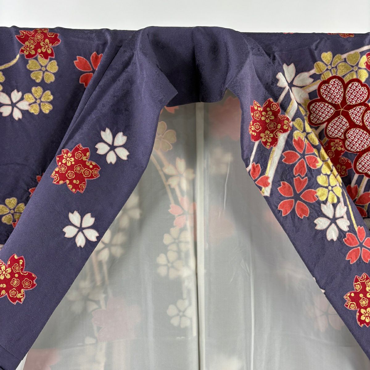 【美品】振袖禮服 身長170cm 袖長69cm L 雙層 櫻花 幾何圖案 銀通 金銀彩 紫 純蠶絲 逸品級