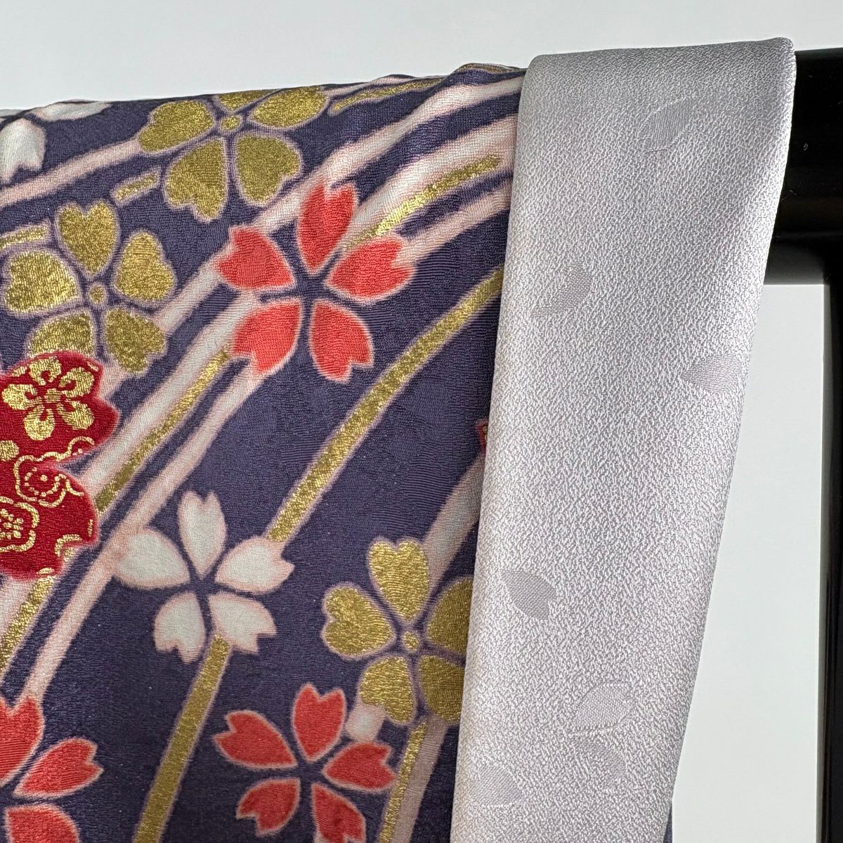 【美品】振袖禮服 身長170cm 袖長69cm L 雙層 櫻花 幾何圖案 銀通 金銀彩 紫 純蠶絲 逸品級