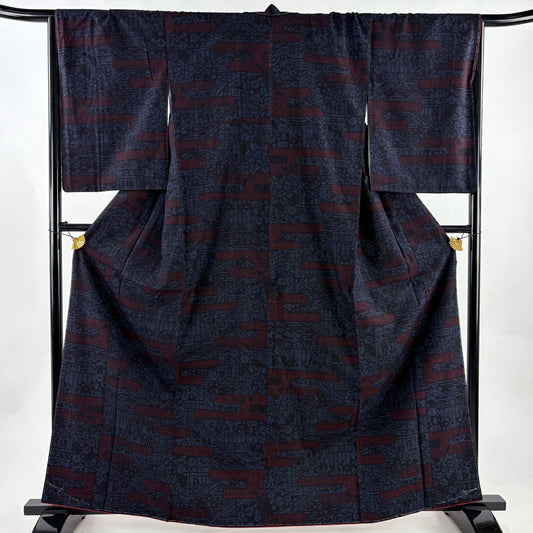 【美品】結城紬織 身長163cm 袖長67cm M 雙層 本場結城紬織 井上商事 證書附帶 ヱ霞 草花紋紋 深藍 純蠶絲 逸品級