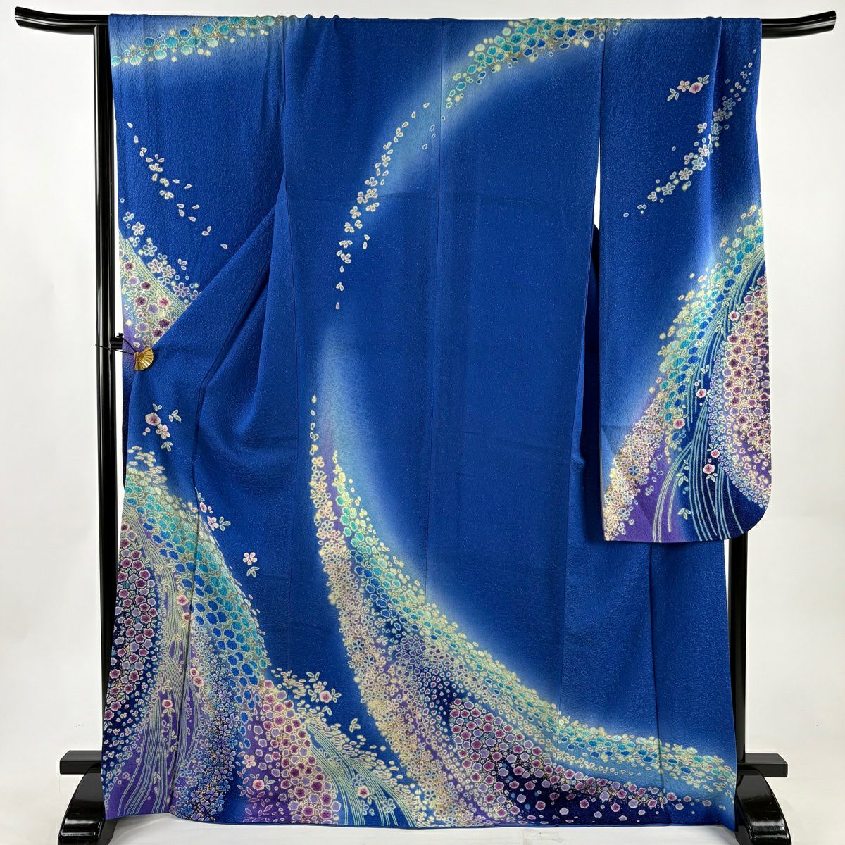 振袖禮服 身長171cm 袖長69cm L 雙層 草花紋紋 梅花 金通し 金銀彩 青 純蠶絲 逸品級