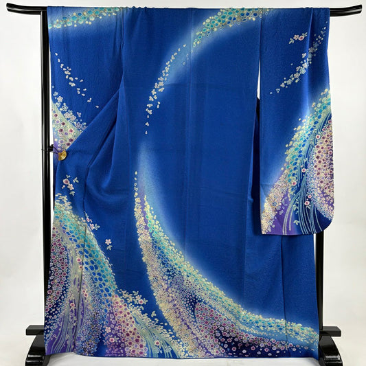 振袖禮服 身長171cm 袖長69cm L 雙層 草花紋紋 梅花 金通し 金銀彩 青 純蠶絲 逸品級