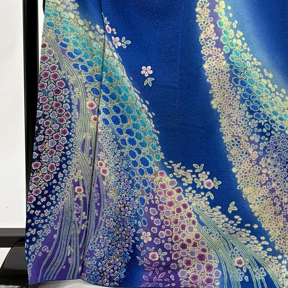 振袖禮服 身長171cm 袖長69cm L 雙層 草花紋紋 梅花 金通し 金銀彩 青 純蠶絲 逸品級