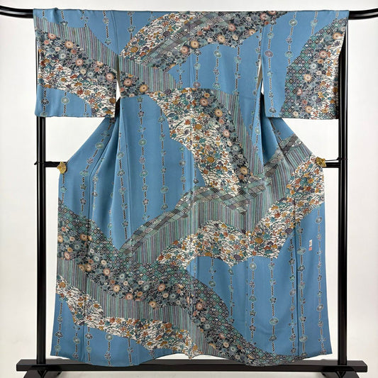 訪問服 身長153.5cm 袖長68cm L 雙層 五味桂子 落款あり 菊花唐草紋 縞 絞緬 水色 純蠶絲 逸品級