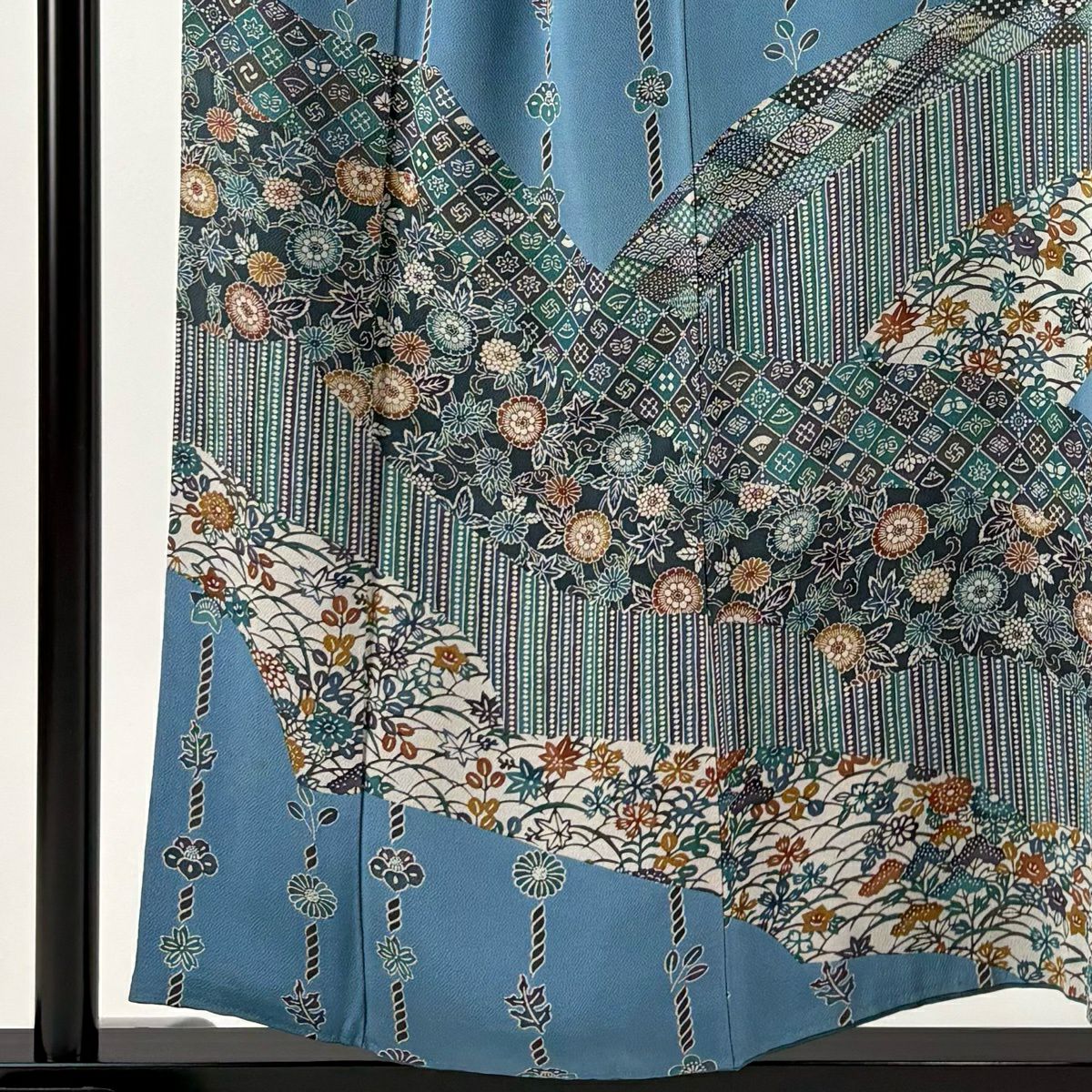 訪問服 身長153.5cm 袖長68cm L 雙層 五味桂子 落款あり 菊花唐草紋 縞 絞緬 水色 純蠶絲 逸品級
