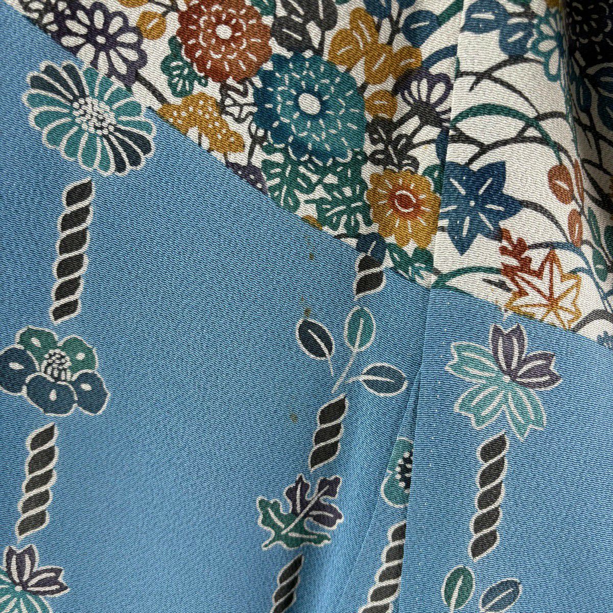 訪問服 身長153.5cm 袖長68cm L 雙層 五味桂子 落款あり 菊花唐草紋 縞 絞緬 水色 純蠶絲 逸品級