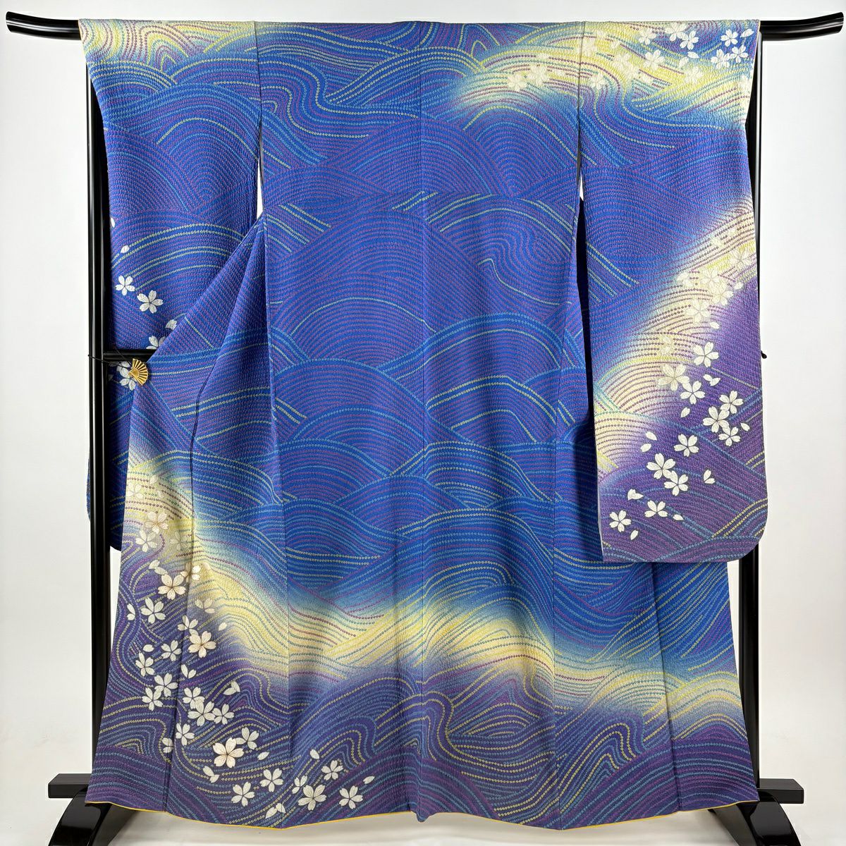 【美品】振袖禮服 身長161cm 袖長67cm M 雙層 鈴乃屋 櫻花 流水 銀通 金絲 藍 純蠶絲 逸品級