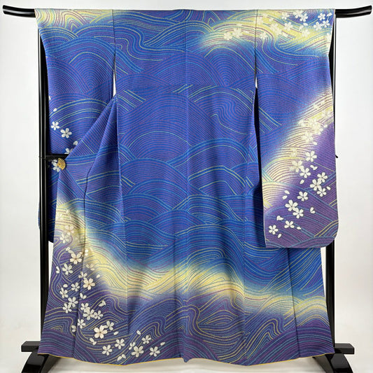 【美品】振袖禮服 身長161cm 袖長67cm M 雙層 鈴乃屋 櫻花 流水 銀通 金絲 藍 純蠶絲 逸品級