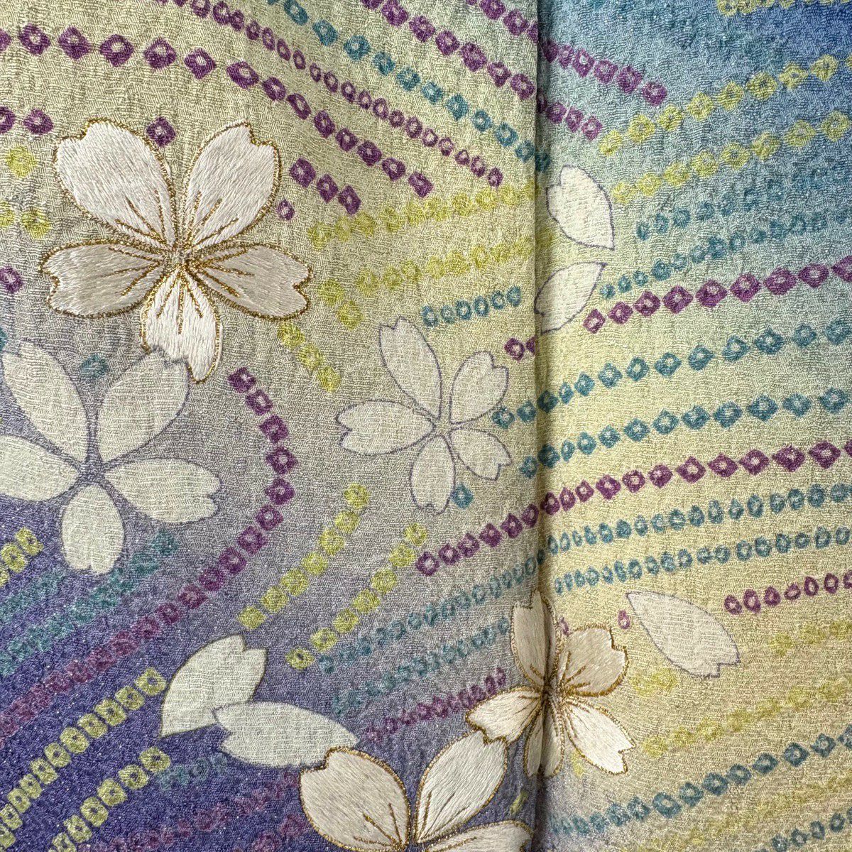 【美品】振袖禮服 身長161cm 袖長67cm M 雙層 鈴乃屋 櫻花 流水 銀通 金絲 藍 純蠶絲 逸品級