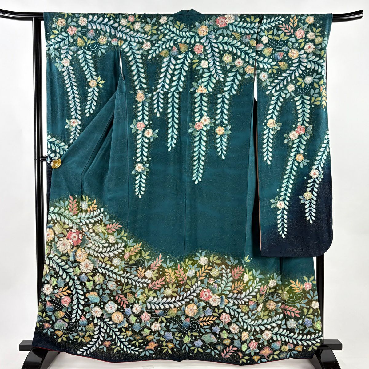 【美品】振袖禮服 身長162.5cm 袖長67cm M 雙層 翠山工房 落款あり 辻花染 霞 銀通し ぼかし 深綠 純蠶絲 逸品級