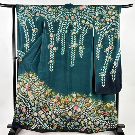 【美品】振袖禮服 身長162.5cm 袖長67cm M 雙層 翠山工房 落款あり 辻花染 霞 銀通し ぼかし 深綠 純蠶絲 逸品級