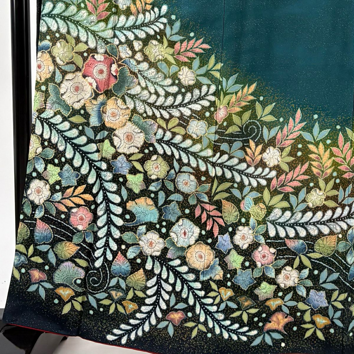 【美品】振袖禮服 身長162.5cm 袖長67cm M 雙層 翠山工房 落款あり 辻花染 霞 銀通し ぼかし 深綠 純蠶絲 逸品級