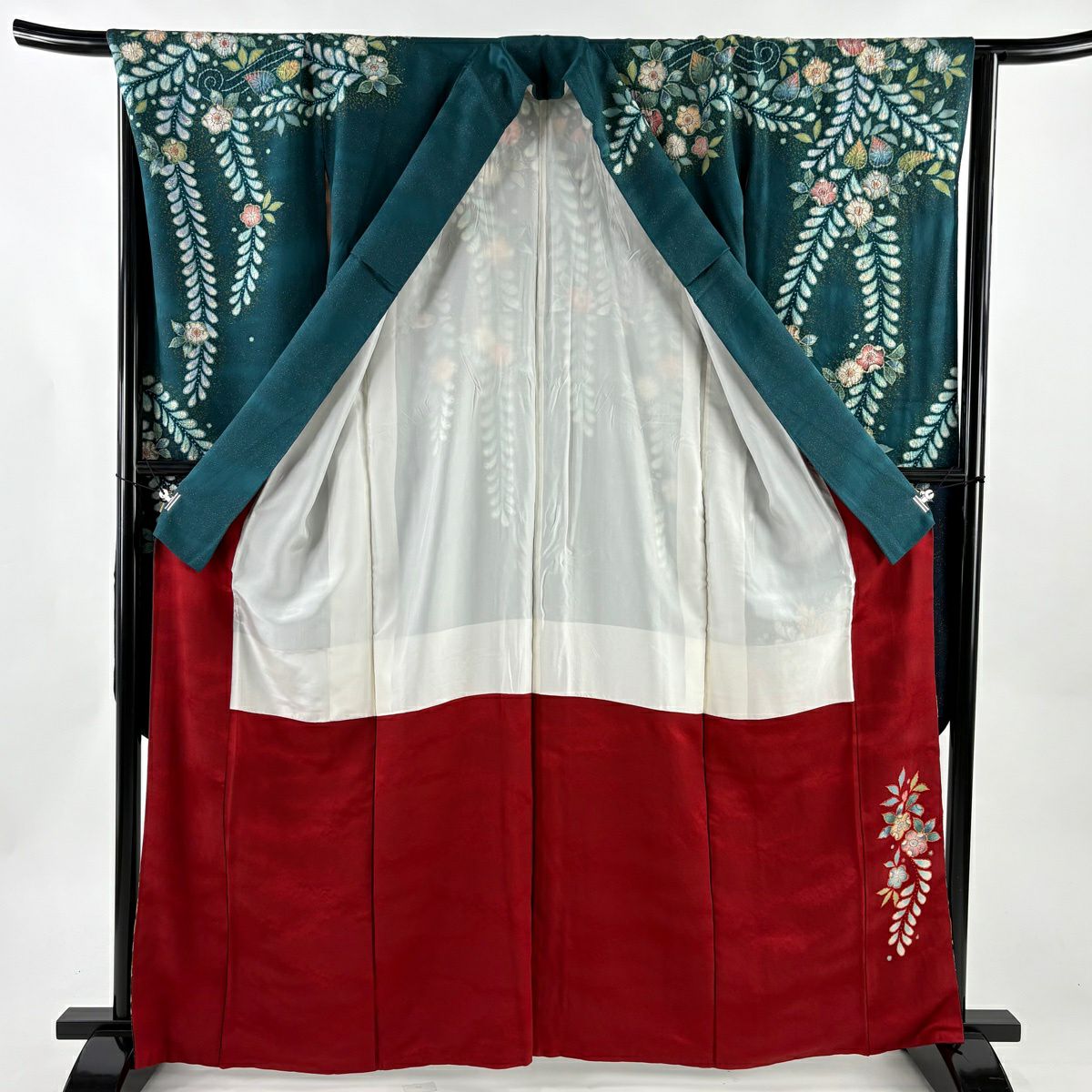 【美品】振袖禮服 身長162.5cm 袖長67cm M 雙層 翠山工房 落款あり 辻花染 霞 銀通し ぼかし 深綠 純蠶絲 逸品級