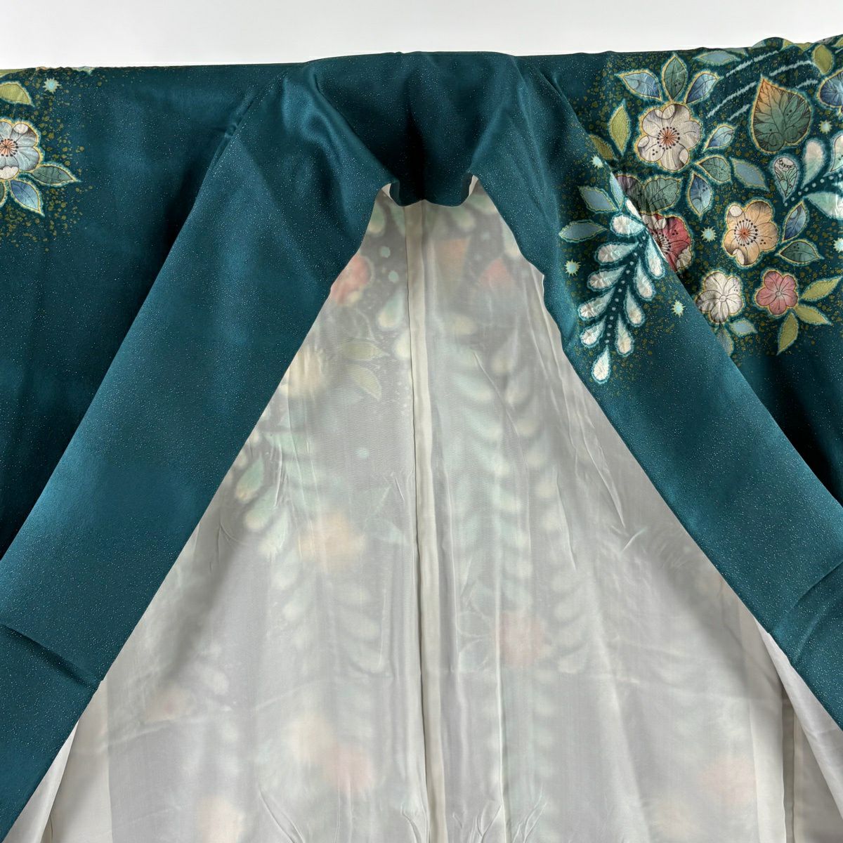 【美品】振袖禮服 身長162.5cm 袖長67cm M 雙層 翠山工房 落款あり 辻花染 霞 銀通し ぼかし 深綠 純蠶絲 逸品級