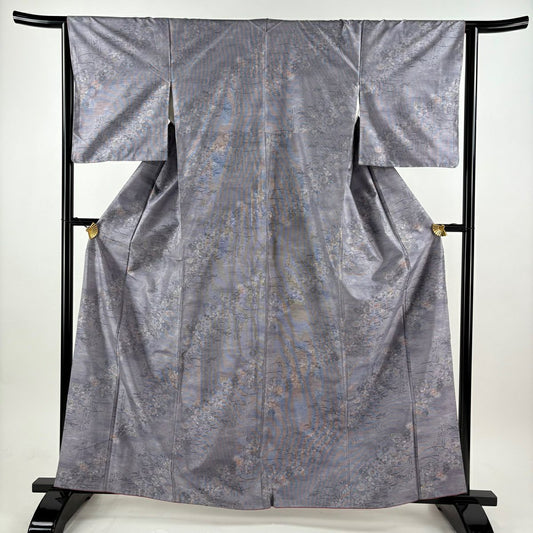 【美品】 大島紬織 身長163cm 袖長63cm S 雙層 都喜ヱ門 證書附帶 秋草 霞 灰紫 純蠶絲 逸品級