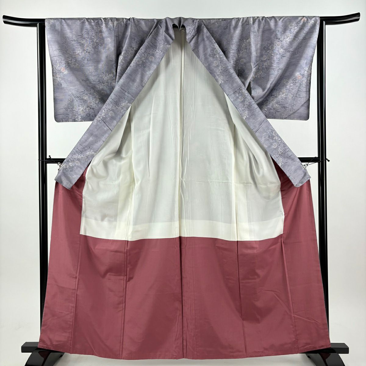 【美品】 大島紬織 身長163cm 袖長63cm S 雙層 都喜ヱ門 證書附帶 秋草 霞 灰紫 純蠶絲 逸品級