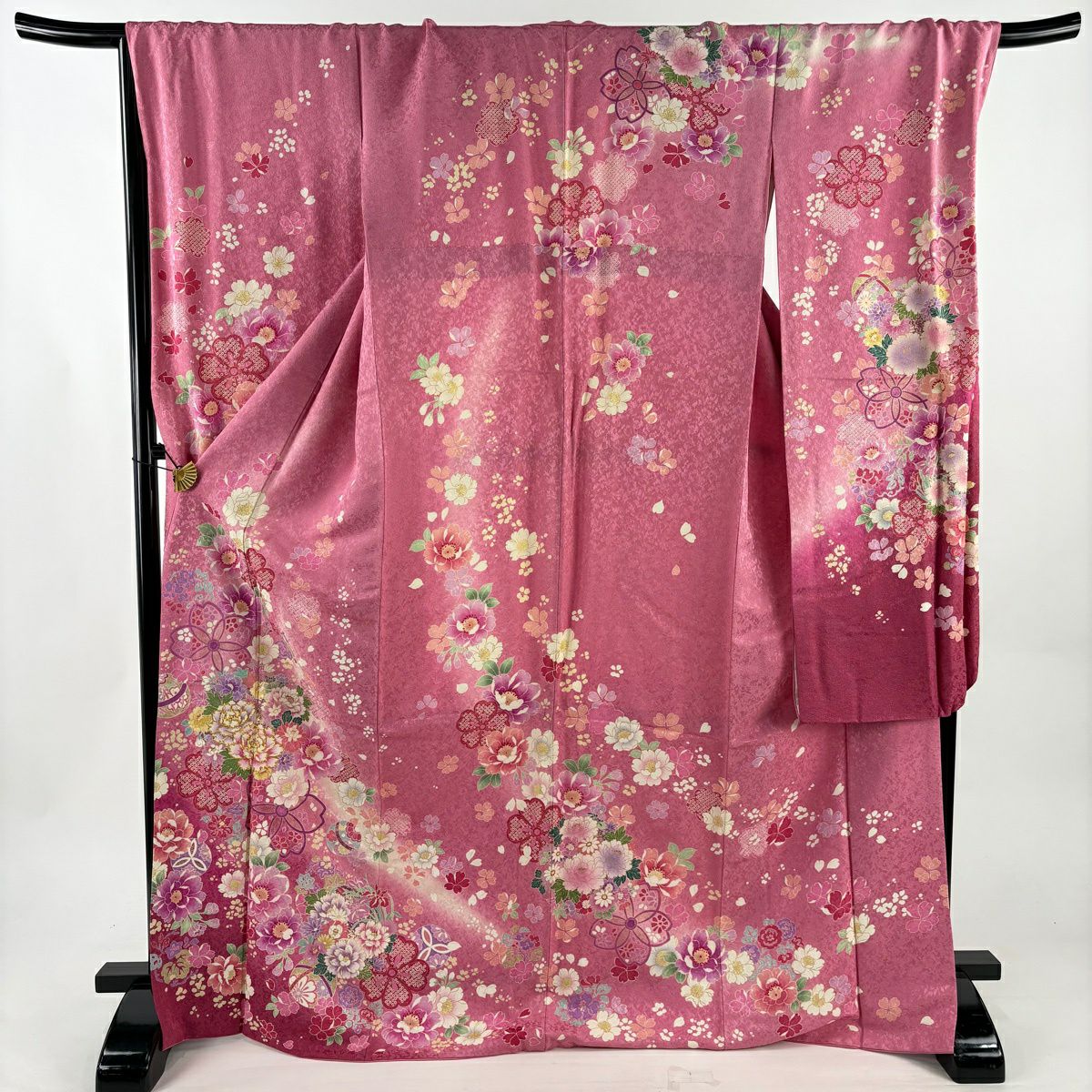 【美品】振袖禮服 身長171cm 袖長69cm L 雙層 草花紋紋 手鞠 金通し 金銀彩 粉紅 純蠶絲 逸品級