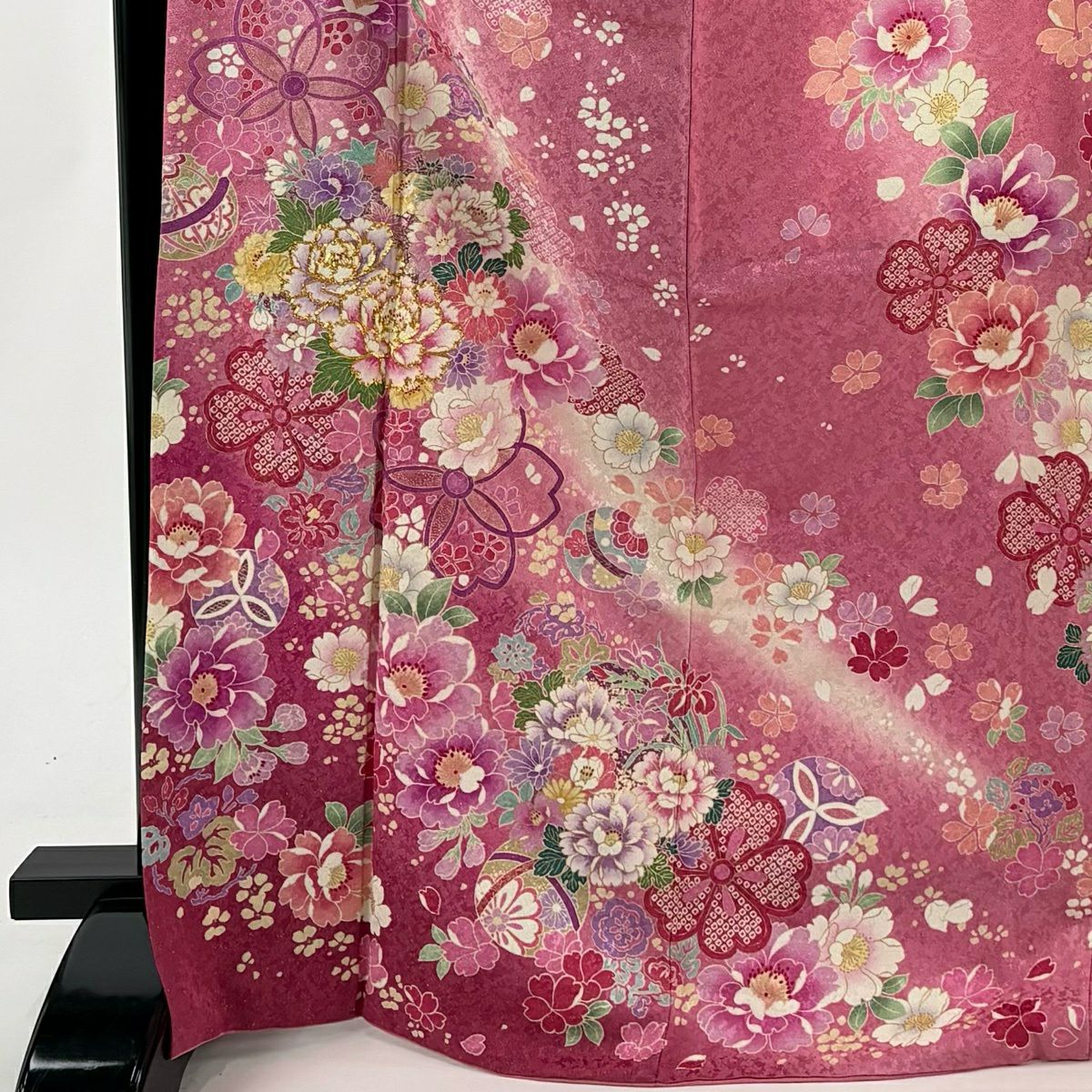 【美品】振袖禮服 身長171cm 袖長69cm L 雙層 草花紋紋 手鞠 金通し 金銀彩 粉紅 純蠶絲 逸品級