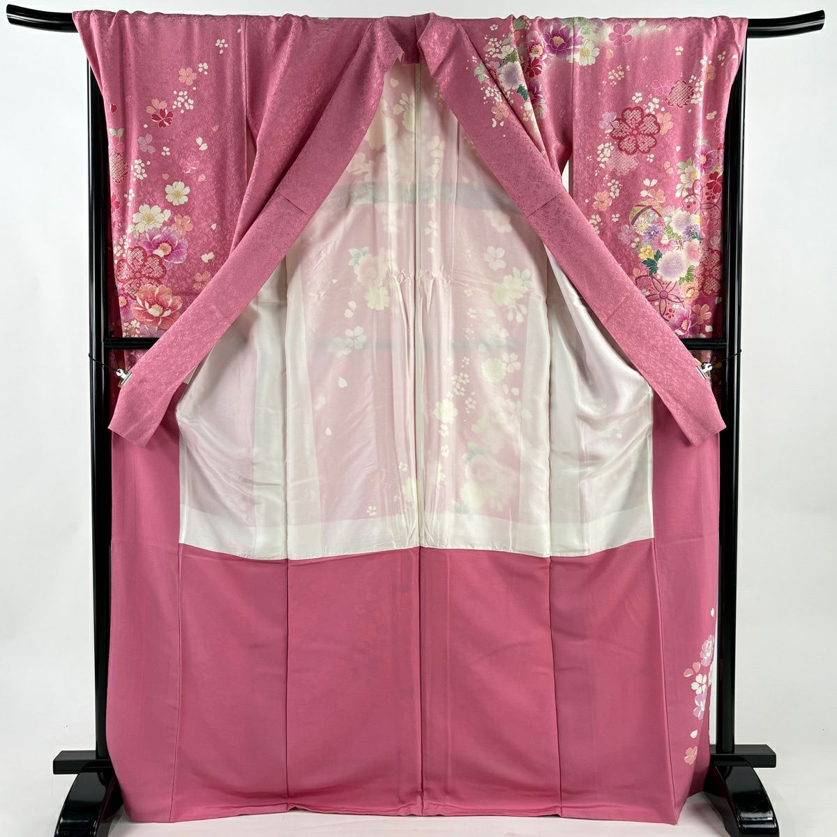 【美品】振袖禮服 身長171cm 袖長69cm L 雙層 草花紋紋 手鞠 金通し 金銀彩 粉紅 純蠶絲 逸品級