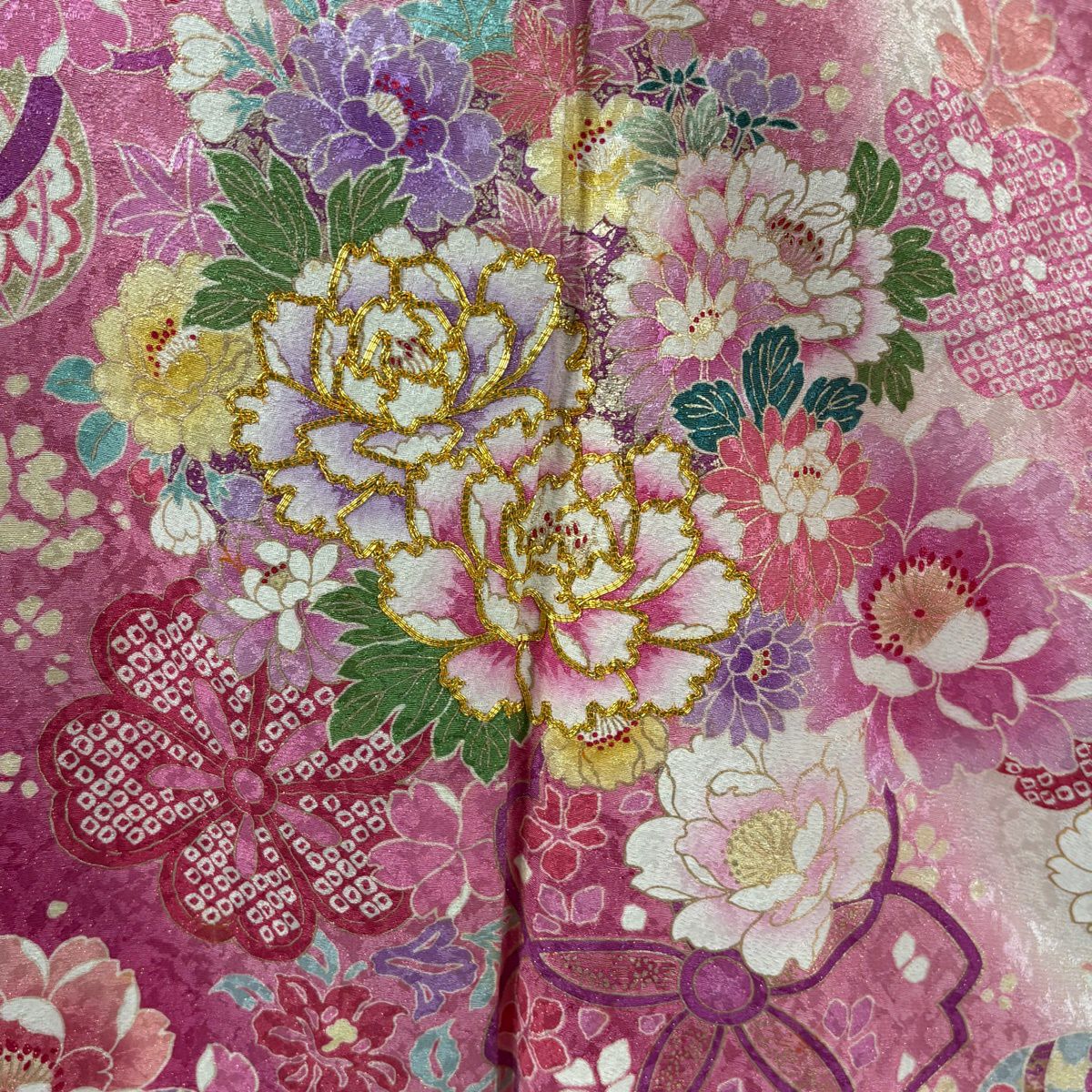 【美品】振袖禮服 身長171cm 袖長69cm L 雙層 草花紋紋 手鞠 金通し 金銀彩 粉紅 純蠶絲 逸品級