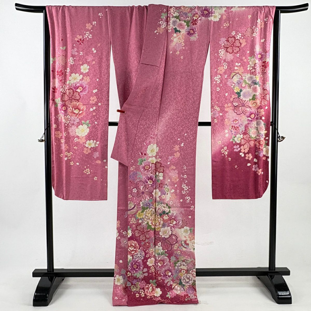 【美品】振袖禮服 身長171cm 袖長69cm L 雙層 草花紋紋 手鞠 金通し 金銀彩 粉紅 純蠶絲 逸品級