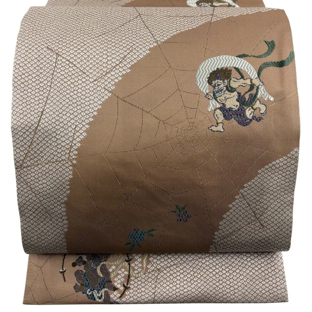 【美品】 袋帶 逸品級 風神雷神 蜘蛛網 金金箔 小豆 深藍 六通 純蠶絲