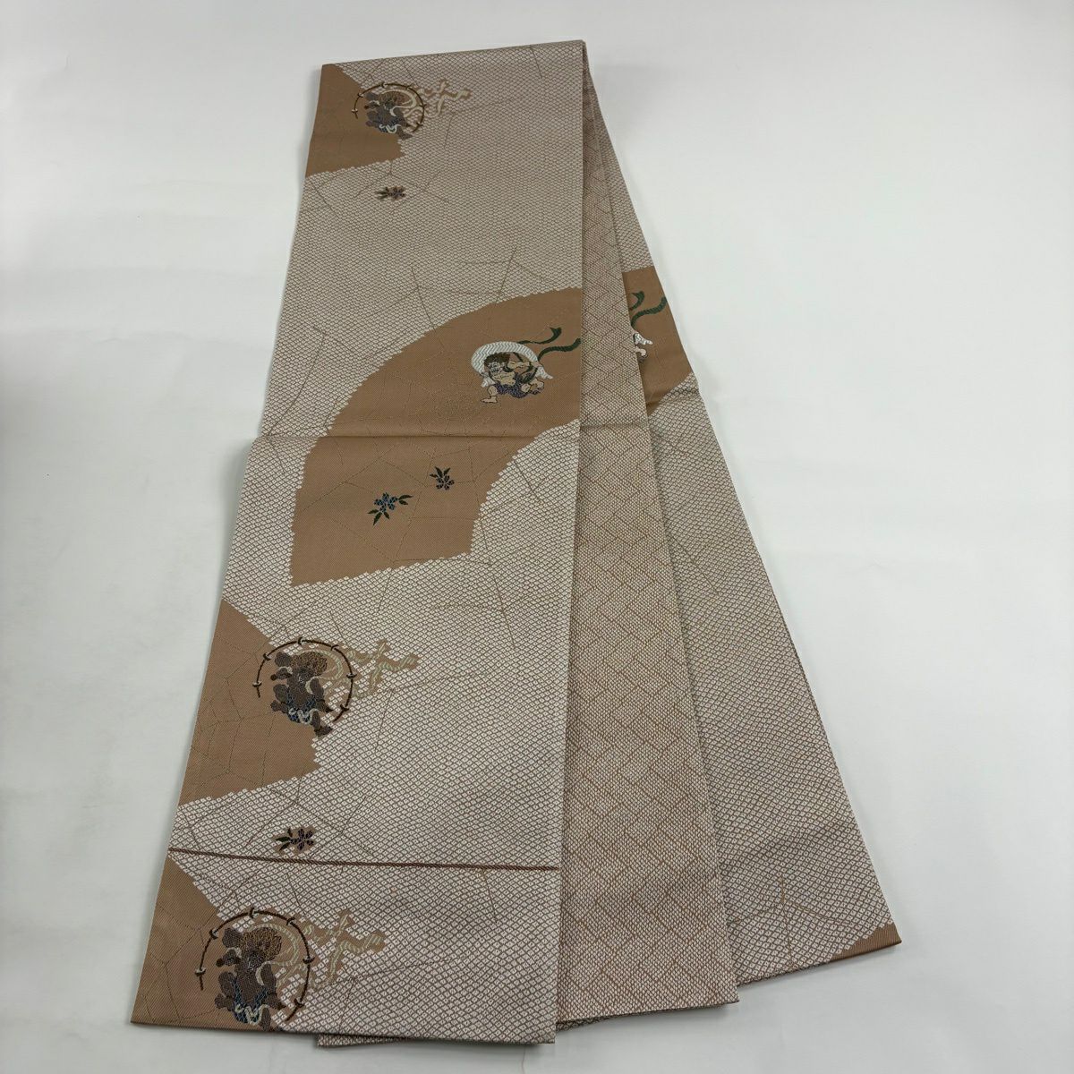 【美品】 袋帶 逸品級 風神雷神 蜘蛛網 金金箔 小豆 深藍 六通 純蠶絲