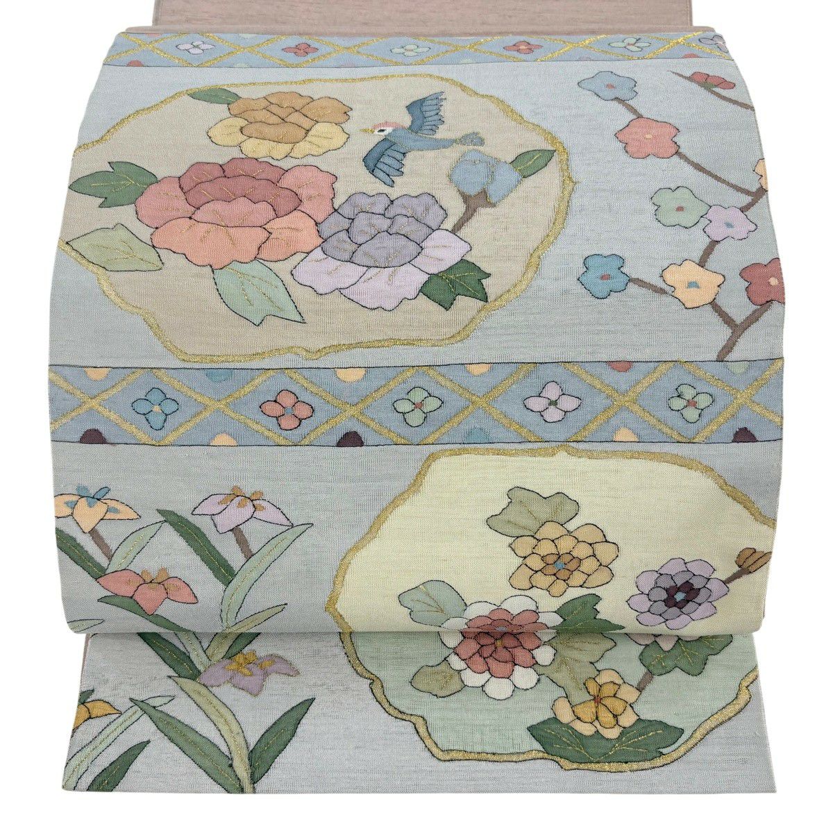 【美品】 袋帶 逸品級 草花紋紋 鳥 金糸 青灰 素材：純蠶絲