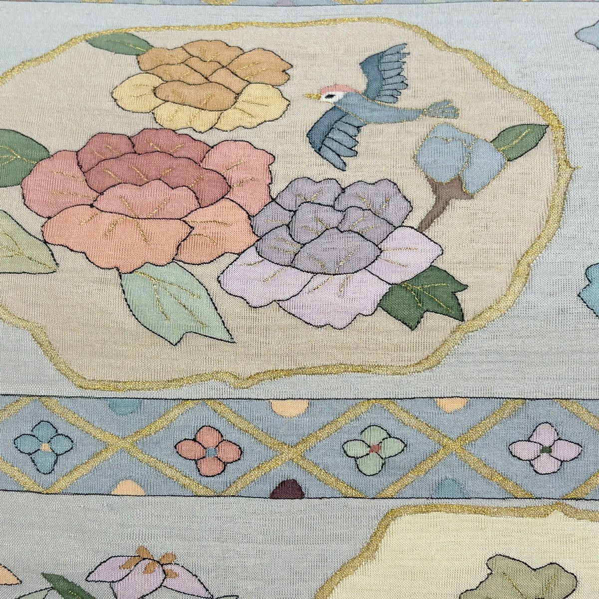 【美品】 袋帶 逸品級 草花紋紋 鳥 金糸 青灰 素材：純蠶絲