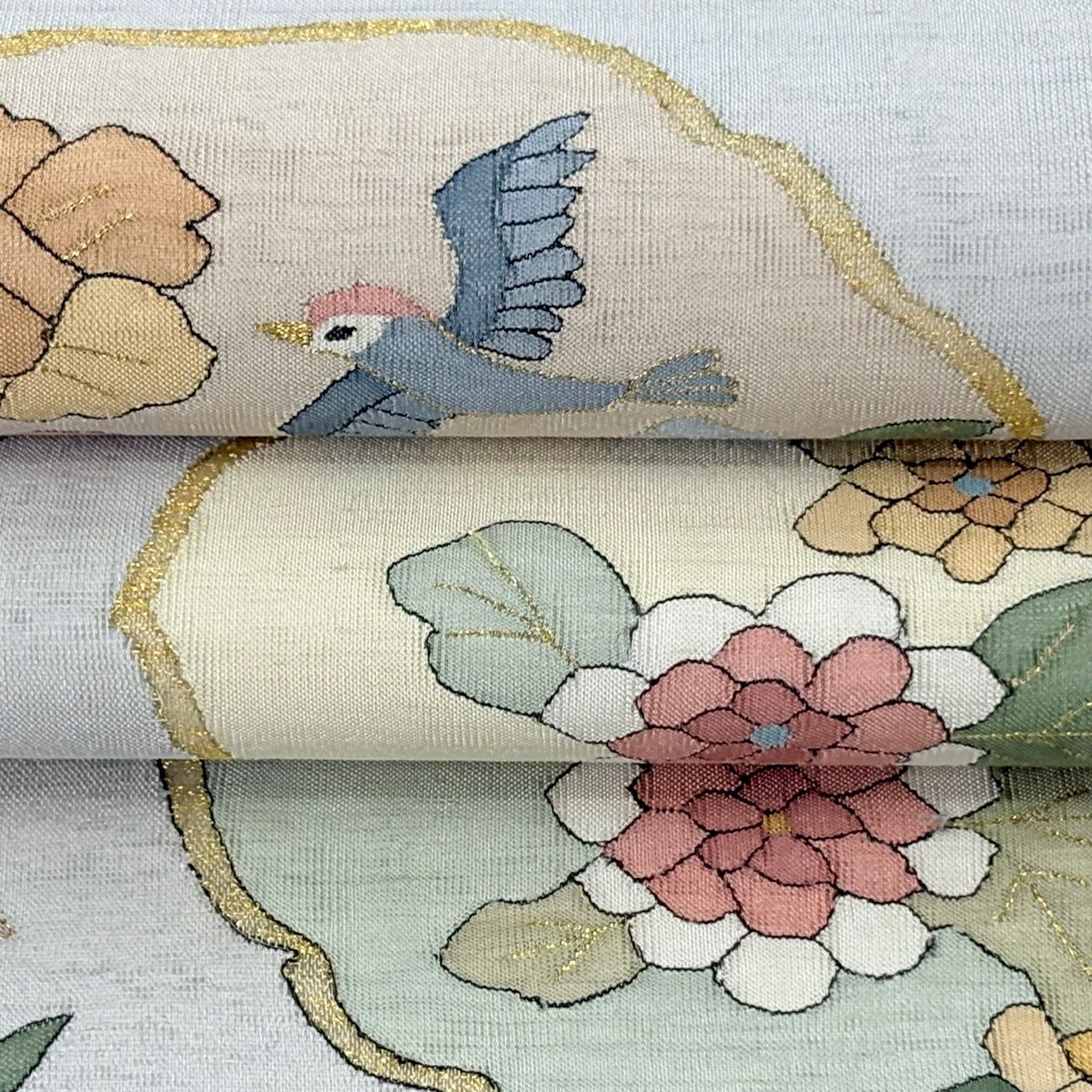 【美品】 袋帶 逸品級 草花紋紋 鳥 金糸 青灰 素材：純蠶絲