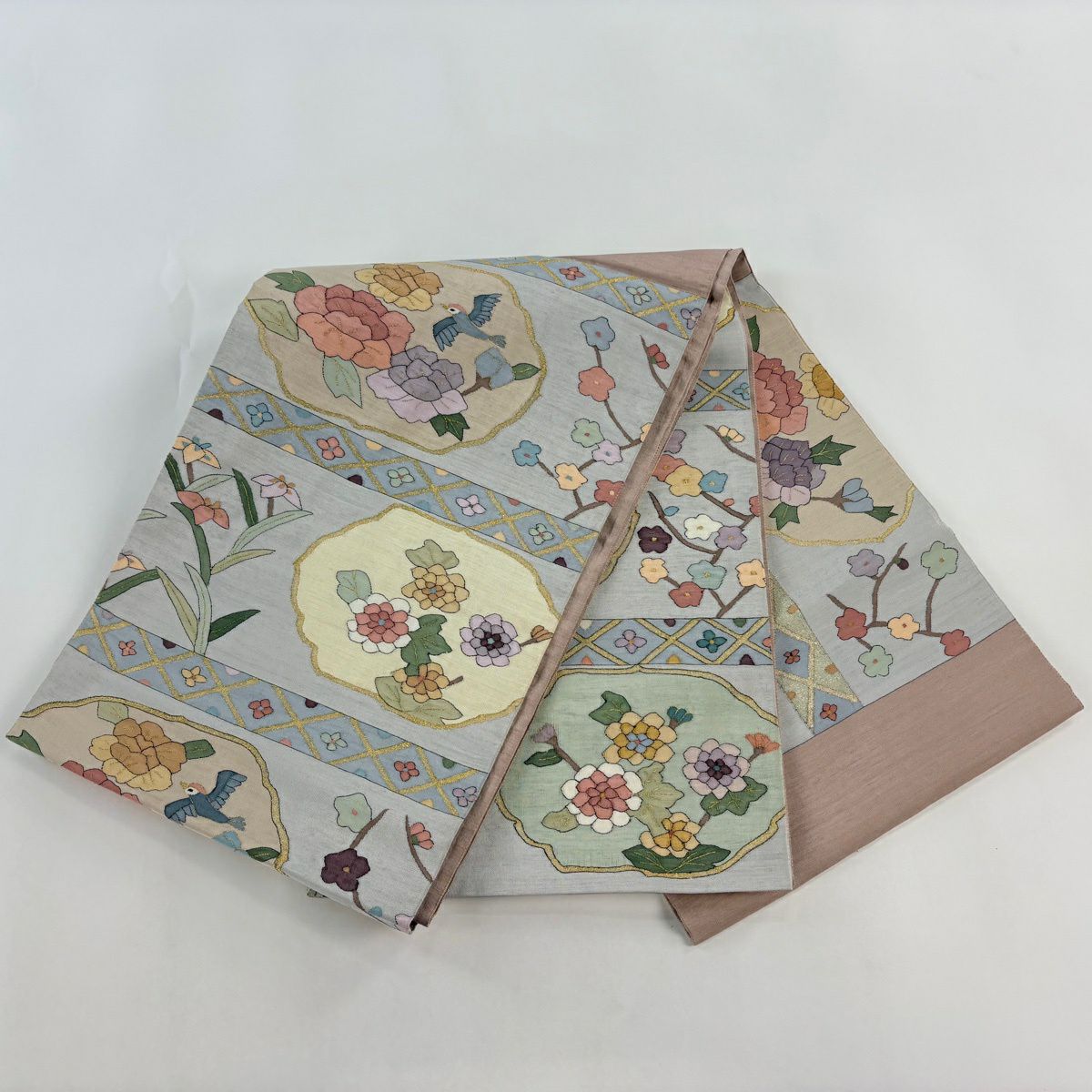 【美品】 袋帶 逸品級 草花紋紋 鳥 金糸 青灰 素材：純蠶絲