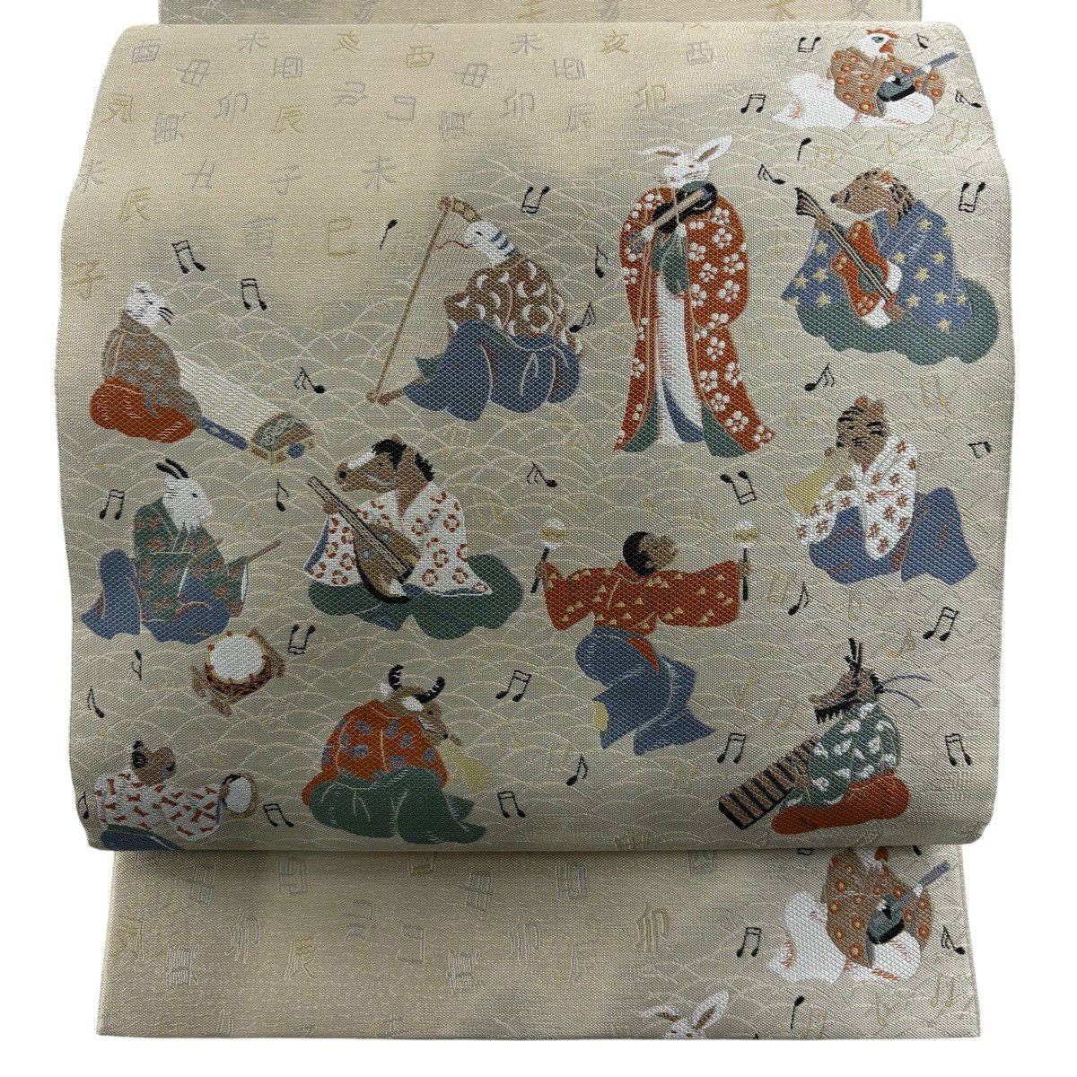 【美品】 袋帶 逸品級 附落款 小森草木染工房 十二支舞樂文 刺繡 灰綠 全通 純蠶絲