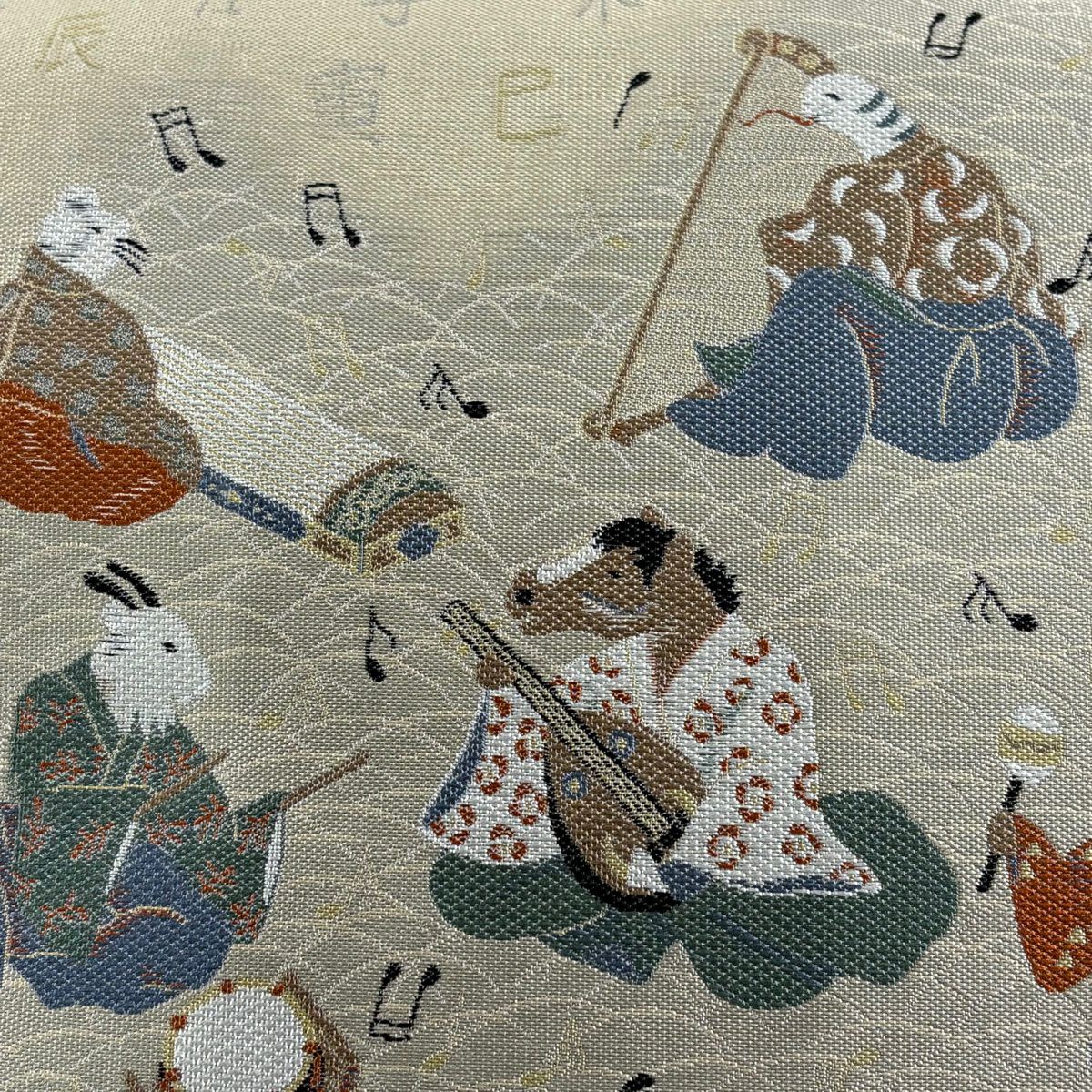 【美品】 袋帶 逸品級 附落款 小森草木染工房 十二支舞樂文 刺繡 灰綠 全通 純蠶絲