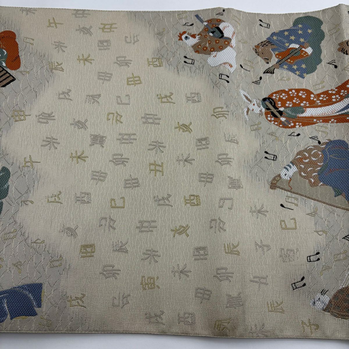 【美品】 袋帶 逸品級 附落款 小森草木染工房 十二支舞樂文 刺繡 灰綠 全通 純蠶絲