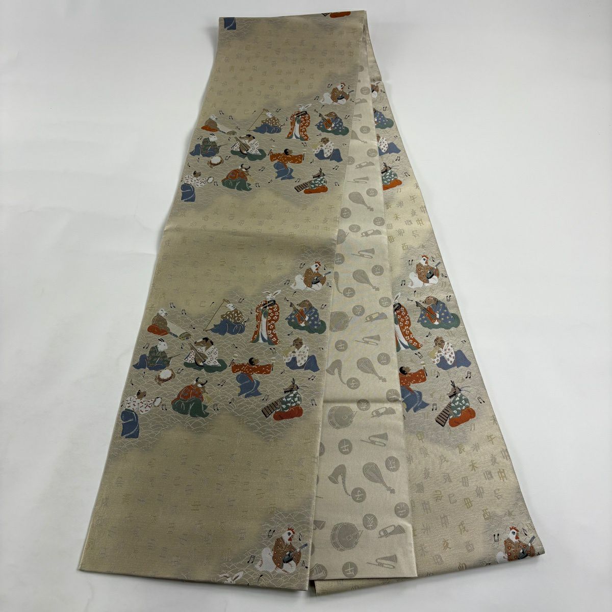 【美品】 袋帶 逸品級 附落款 小森草木染工房 十二支舞樂文 刺繡 灰綠 全通 純蠶絲