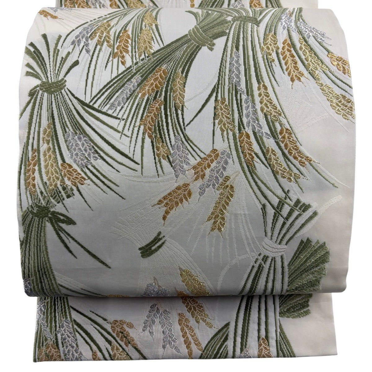 【美品】 袋帶 逸品級 山口美術織物 落款あり 翁祖稲棚文 刺繡 金銀彩 米色 お太鼓柄 純蠶絲