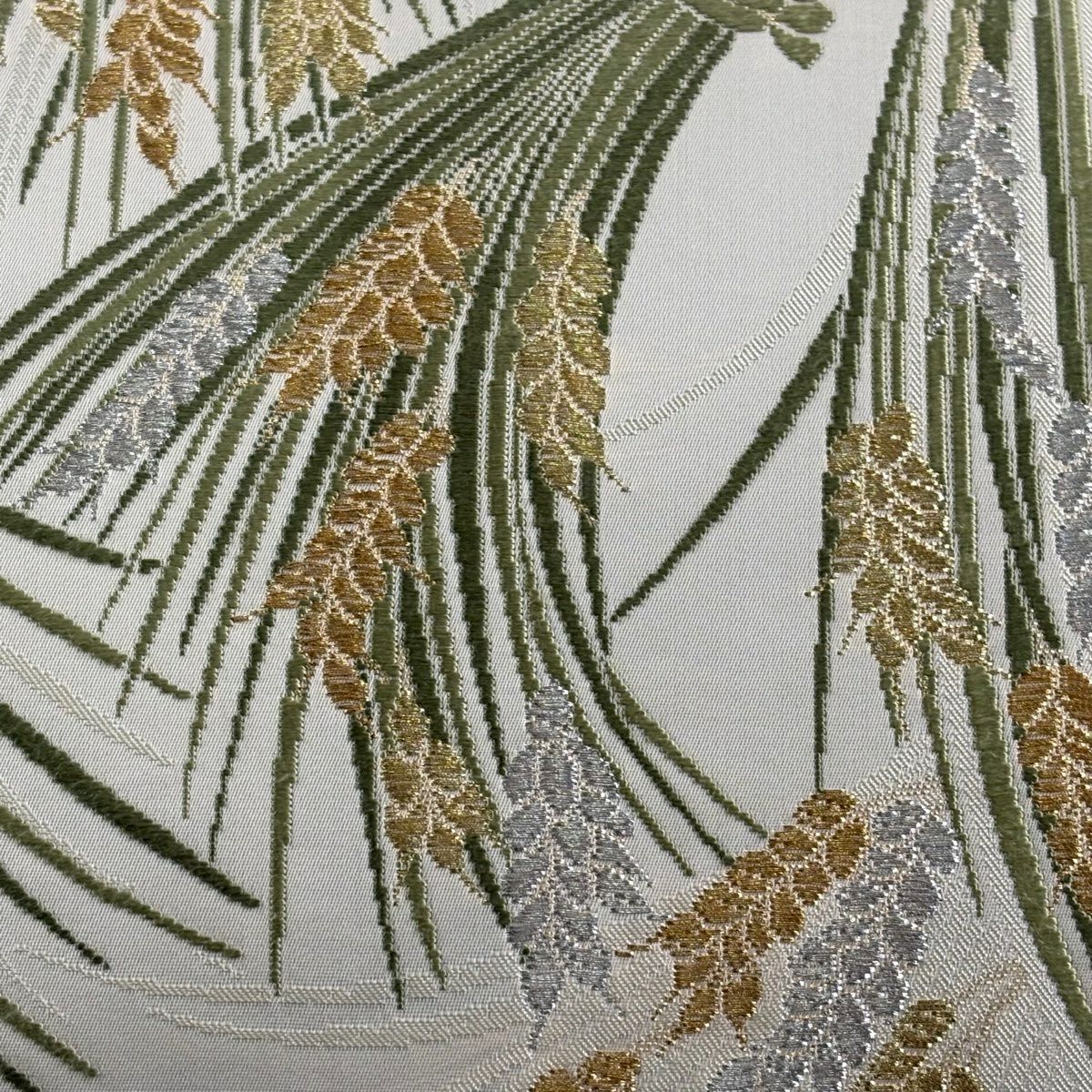 【美品】 袋帶 逸品級 山口美術織物 落款あり 翁祖稲棚文 刺繡 金銀彩 米色 お太鼓柄 純蠶絲