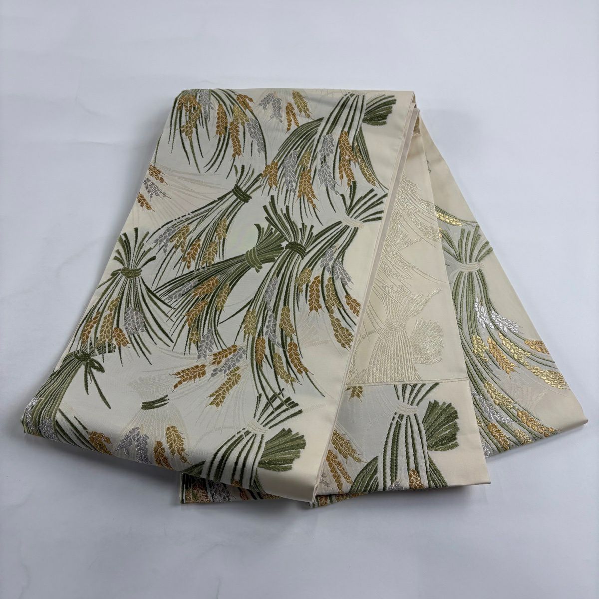 【美品】 袋帶 逸品級 山口美術織物 落款あり 翁祖稲棚文 刺繡 金銀彩 米色 お太鼓柄 純蠶絲
