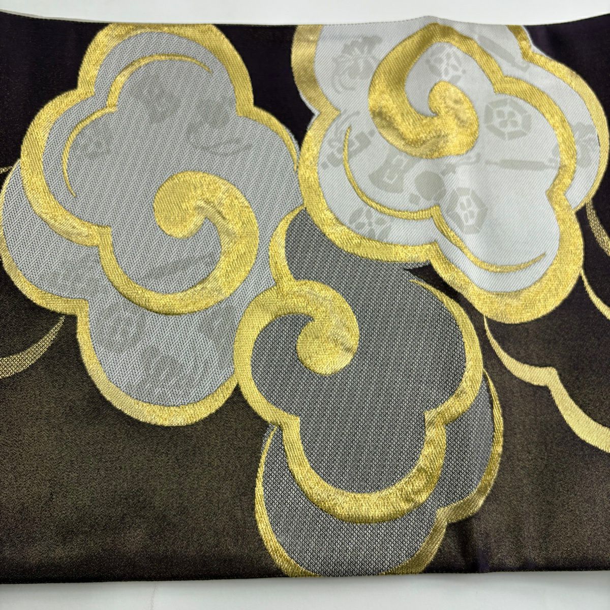 袋帶 逸品級 洛樂人 附落款 可翻轉 瑞雲 観世水 金絲 紫色 お太鼓圖案 純蠶絲